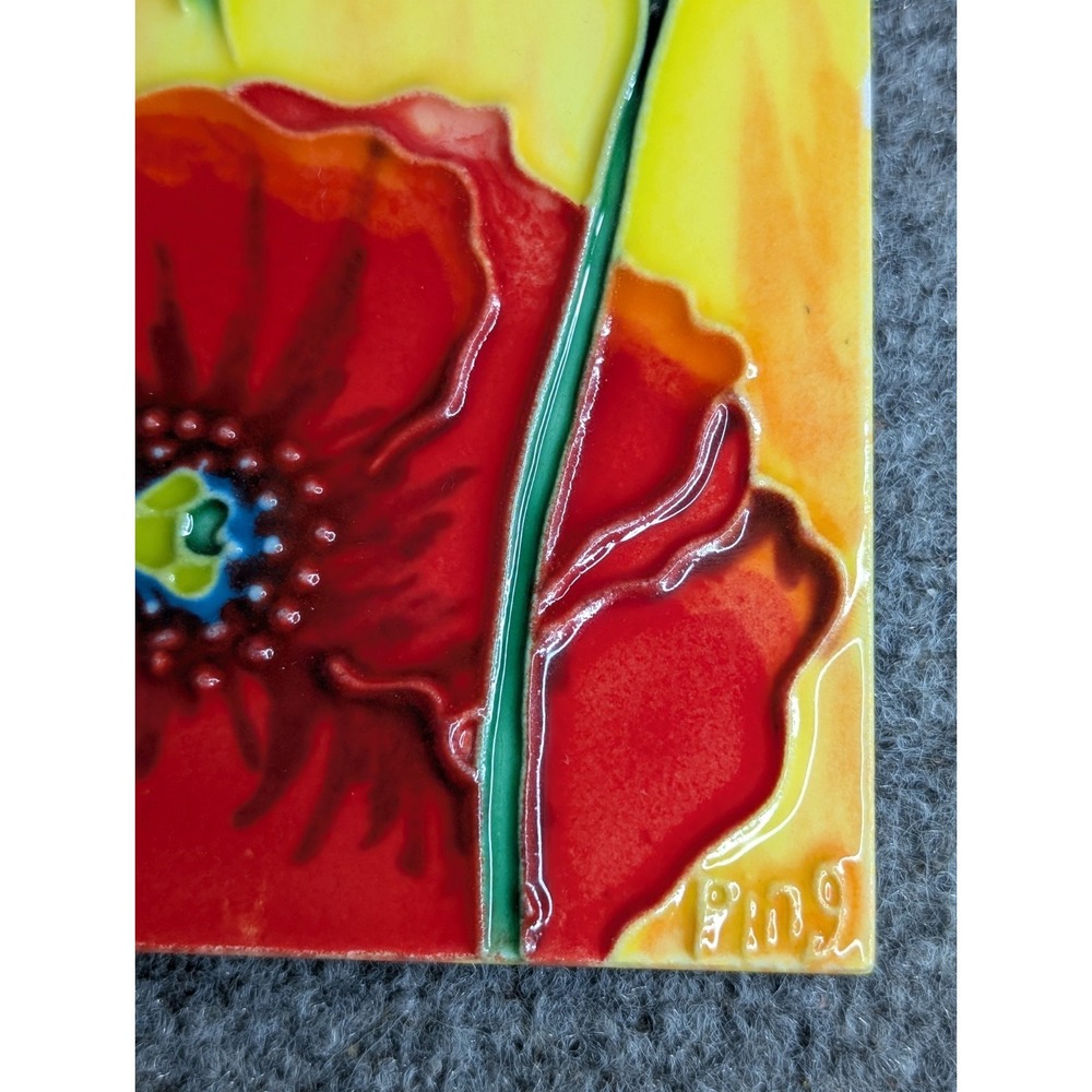 Vintage Ceramic Art Tile Poppies Hand Painted With Stand Vibrant Signed By PING - Picture 2 of 7